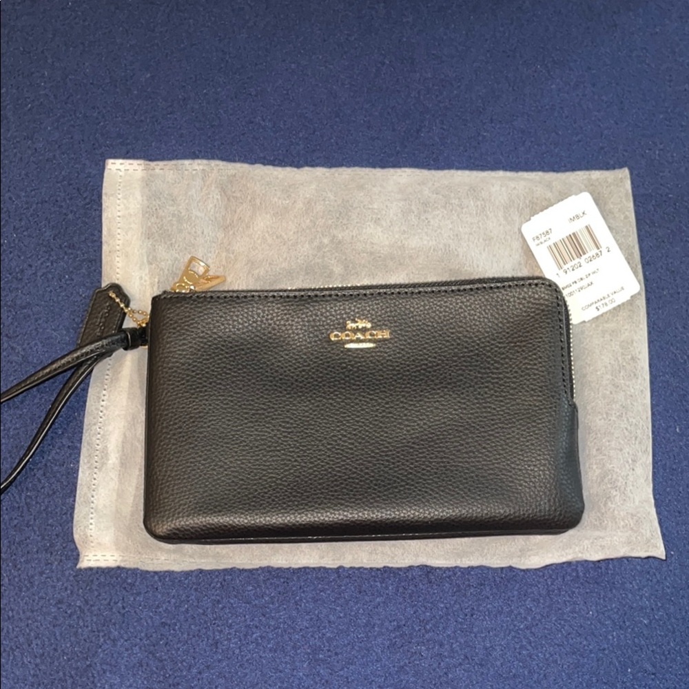 Coach Black Leather Wristlet with Gold Accents